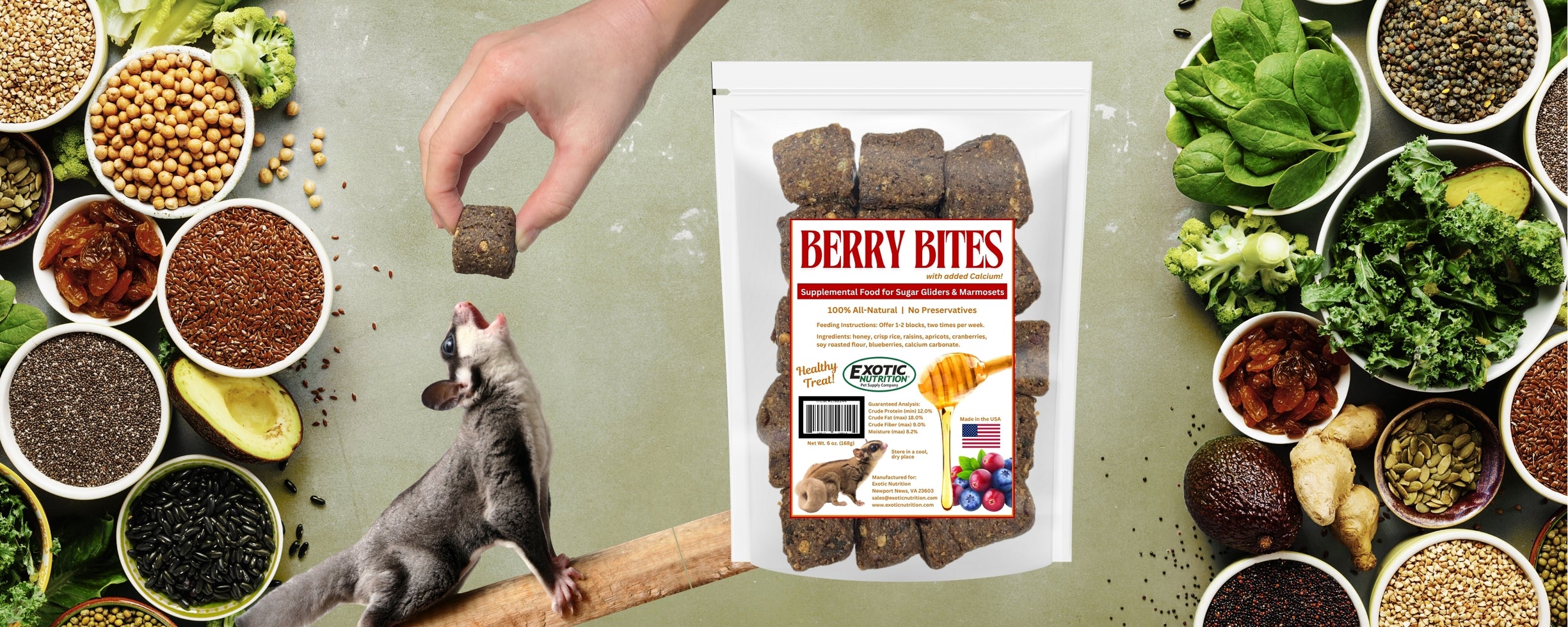 Exotic pet supplies including food, mealworms, treats and accessories.